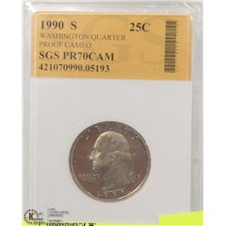 GRADED 1990 S 25 CENT QUARTER PROOF CAMEO