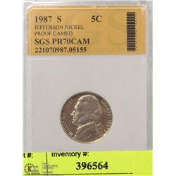 GRADED 1987 S 5 CENT NICKEL PROOF CAMEO