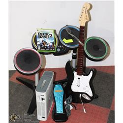 XBOX 360 CONSOLE WITH CORDS, DRUMS, GUITAR & GAME