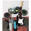 Image 1 : XBOX 360 CONSOLE WITH CORDS, DRUMS, GUITAR & GAME
