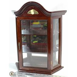 WALL HANGING WOOD AND GLASS CURIO DISPLAY CABINET