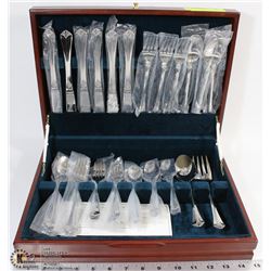 43) SINGLE FLATWARE CHEST WITH MAHOGANY FINISH