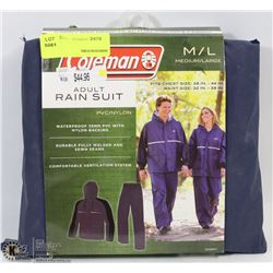 COLEMAN RAIN SUIT SIZE ADULT MEDIUM/LARGE