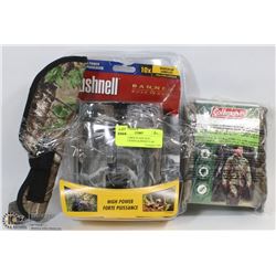 LOT OF CAMOUFLAGE SUIT, HUNTING KNIFE & BINOCULAR