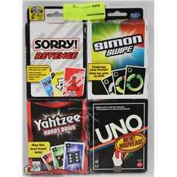 LOT OF 4 CARD GAMES INCLUDING UNO, SIMON SWIPE,