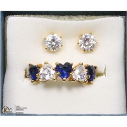 GOLD COLOR BLUE WHITE HEART RING SIZE 7 AND STUDS