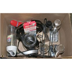 BOX OF ASSORTED HOUSEHOLD INCL DRIP BOWLS, LOTION