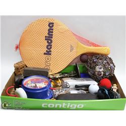BOX W/ PADDLES AND ASSORTED DECORATIONS