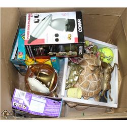 BOX W/ TURTLE ORNAMENT/TOYS, SHOE POLISHER,AND