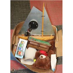 BOX OF ASSORTED TOYS, DECORATIVE BOAT CLOCK AND