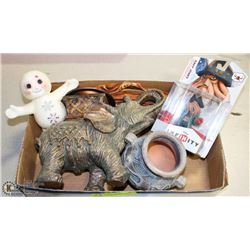 BOX WITH ELEPHANT STATUE AND ASSORTED DECORATIONS