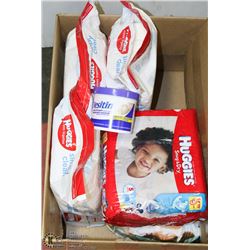 BOX WITH SIZE 3 & 5 BABY DIAPERS, 3 BAGS OF WIPES
