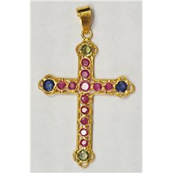 #14-18K YELLOW GOLD RUBY & SAPPHIRE CROSS PENDANT