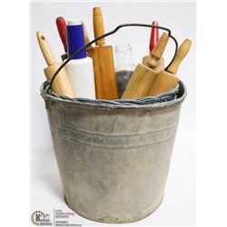 PAIL OF VINTAGE WOODEN ROLLING PINS