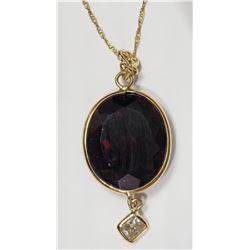 #32-14K Y.GOLD GARNET & DIAMOND PENDANT NECKLACE
