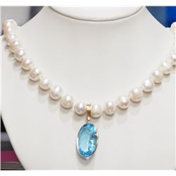 #42-14K YELLOW GOLD BLUE TOPAZ & PEARL NECKLACE