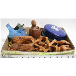 FLAT WITH WOOD PLANT STAND, ORNAMENTS AND MORE