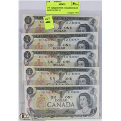 1973 CONSECUTIVE CANADIAN $1.00 BANK NOTES X5