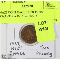 1937 NAZI 2 PFENNNING COIN EAGLE HOLDING SWASTIKA
