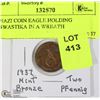 Image 1 : 1937 NAZI 2 PFENNNING COIN EAGLE HOLDING SWASTIKA