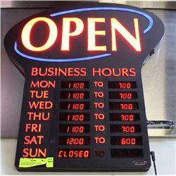 NEON OPEN BUISNESS SIGN W/ HOURS AND DAYS