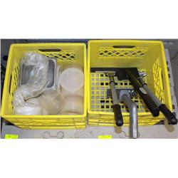 2 MILK CRATES W/ GRILL SCRAPERS, SQUEEGEE AND