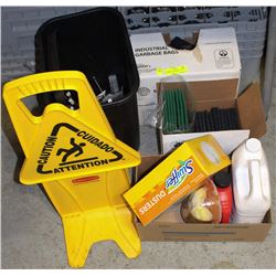 GARBAGE CAN W/ BAGS, GRIDDLE PADS, WET FLOOR SIGN