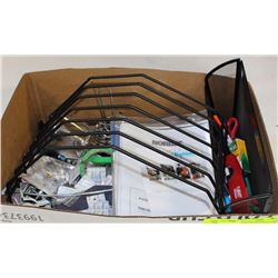 BOX OF MISC MANUALS, CLIPBOARD, ORGANIZER AND MORE