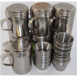 LOT OF 7 SPICE SHAKERS AND 65 SS PORTION CUPS