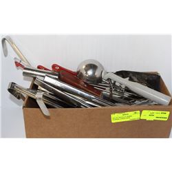 BOX W/ SPATULAS, WHISK, FLIPPERS, TONGS, SOUP