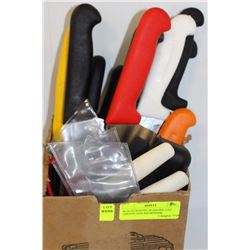 BOX OF KNIVES, SCISSORS, CAN OPENER AND SHARPENER