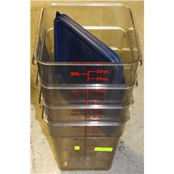 LOT OF FOUR 22 QUART PLASTIC CONTAINERS W/ LIDS