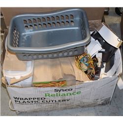 BOX W/ 2 ORGANIZERS MISC TAKE OUT CONTANERS AND