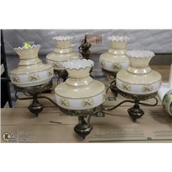 VINTAGE 5 LIGHT BRASS CHANDELIER WITH PORCELAIN