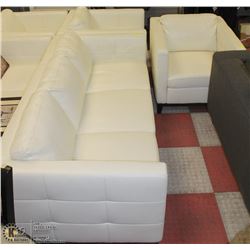 WHITE LEATHERETTE SHOWHOME COUCH WITH 2 CHAIRS