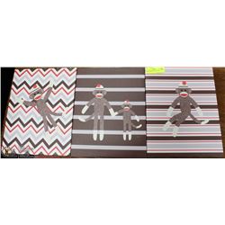 LOT OF 3 SOCK MONKEY CANVAS PRINTS 14X11