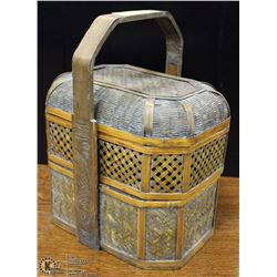 WOOD AND WICKER STORAGE BASKET