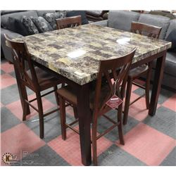 FAUX MARBLE BAR TABLE WITH 4 SOLID WOOD STOOLS