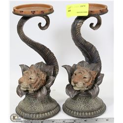 PAIR OF WOOD CARVED TIGER CANDLE HOLDERS