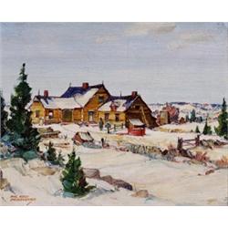 Hal Ross Perrigard ARCA, 1891-1960, Farmhouse by the Firs, Winter, Oil on board<br...