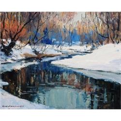 Manly MacDonald RCA, OSA, 1889-1971, Winter Stream, Oil on board, Signed, 16 by 20in., 40....