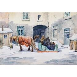Paul A. Caron RCA, CPE, 1874-1941, Hauling Ice, Old Montreal, Watercolour, Signed, 15 by 2...