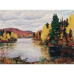 Tom Stone OSA, 1894-1978, Lake in Autumn, Oil on board, Signed, 12 by 16in., 30.5 by 40.6c...