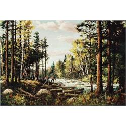 Otto Planding, 1887-1964, Logging, Laurentians, Oil on board, Signed, 18 by 26in., 45.7 by...
