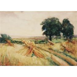 Lily Osman Adams, 1865-1945, Summer Fields with Stooked Hay, Watercolour, Signed, 15 by 21...