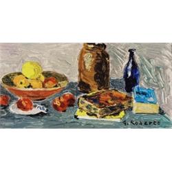 Goodridge Roberts RCA, OSA, CGP, 1904-1974, Still Life with Fruit, Books & Bottles, Oil on boa...