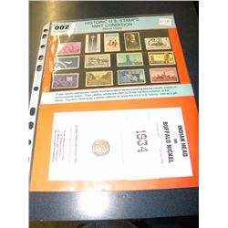 HISTORIC US STAMPS (NEVER USED) AND 1934 INDIAN HEAD BUFFALO NICKEL
