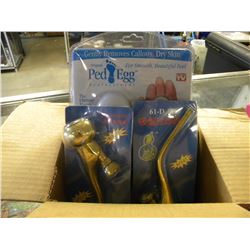 BOX OF MISC PED EGG/HOOKA PIPE SPOUTS/FOLDING CAMPING SHOVEL