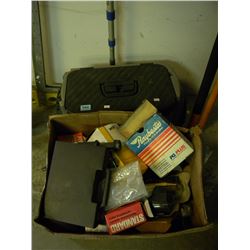 BOX OF MISC/POWER TOOL BOX/BROOM WITH EXTENDABLE HANDLE