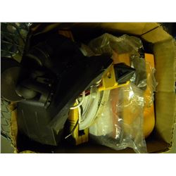 BOX OF MISC LIGHTING /TAPE MEASURES/STUD FINDERS